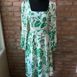 Sunday Up Green and White Floral Long Sleeve Midi Dress Small EUC